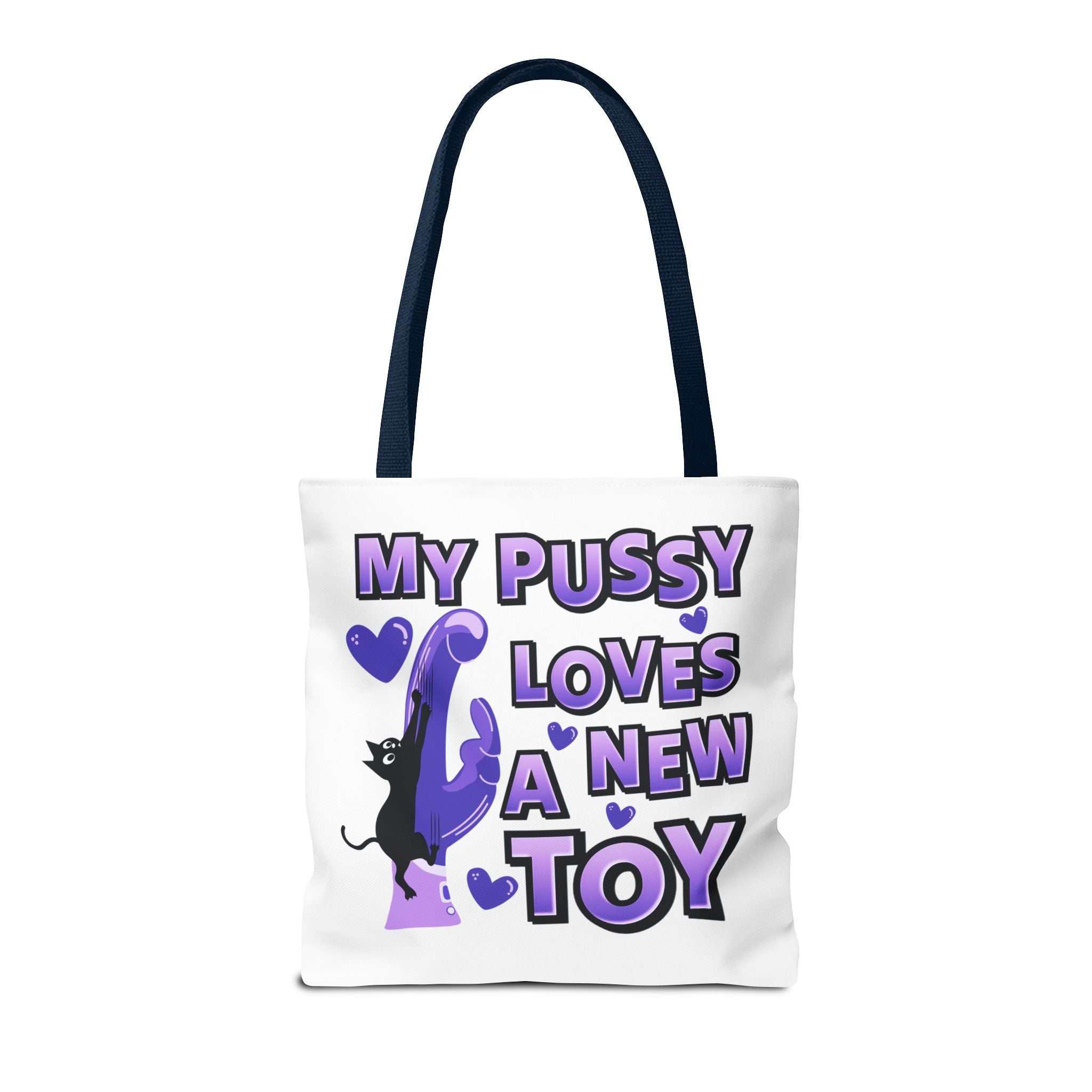 Cheeky fun cat toy tote bag with colorful handles and durable fabric