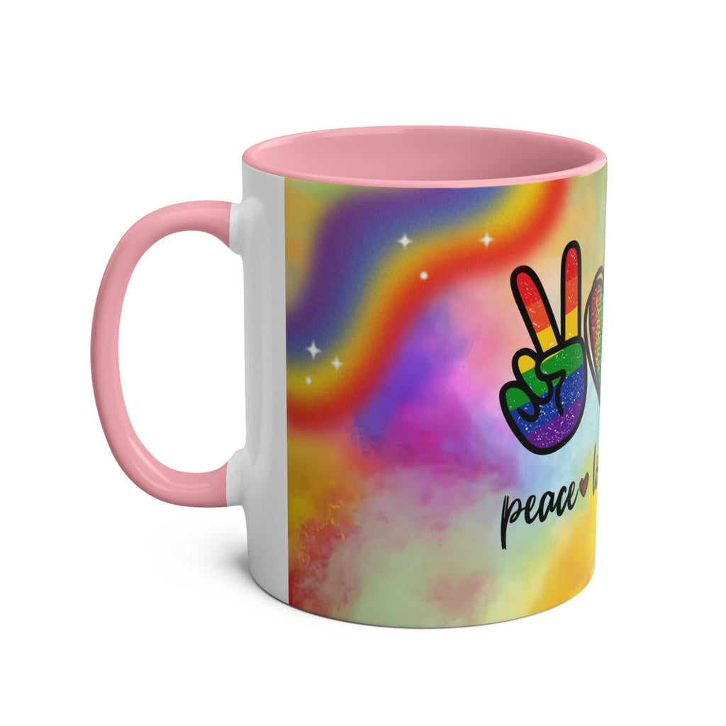 Colorful LGBTQ+ Pride mug with vibrant rainbow design and peace sign.