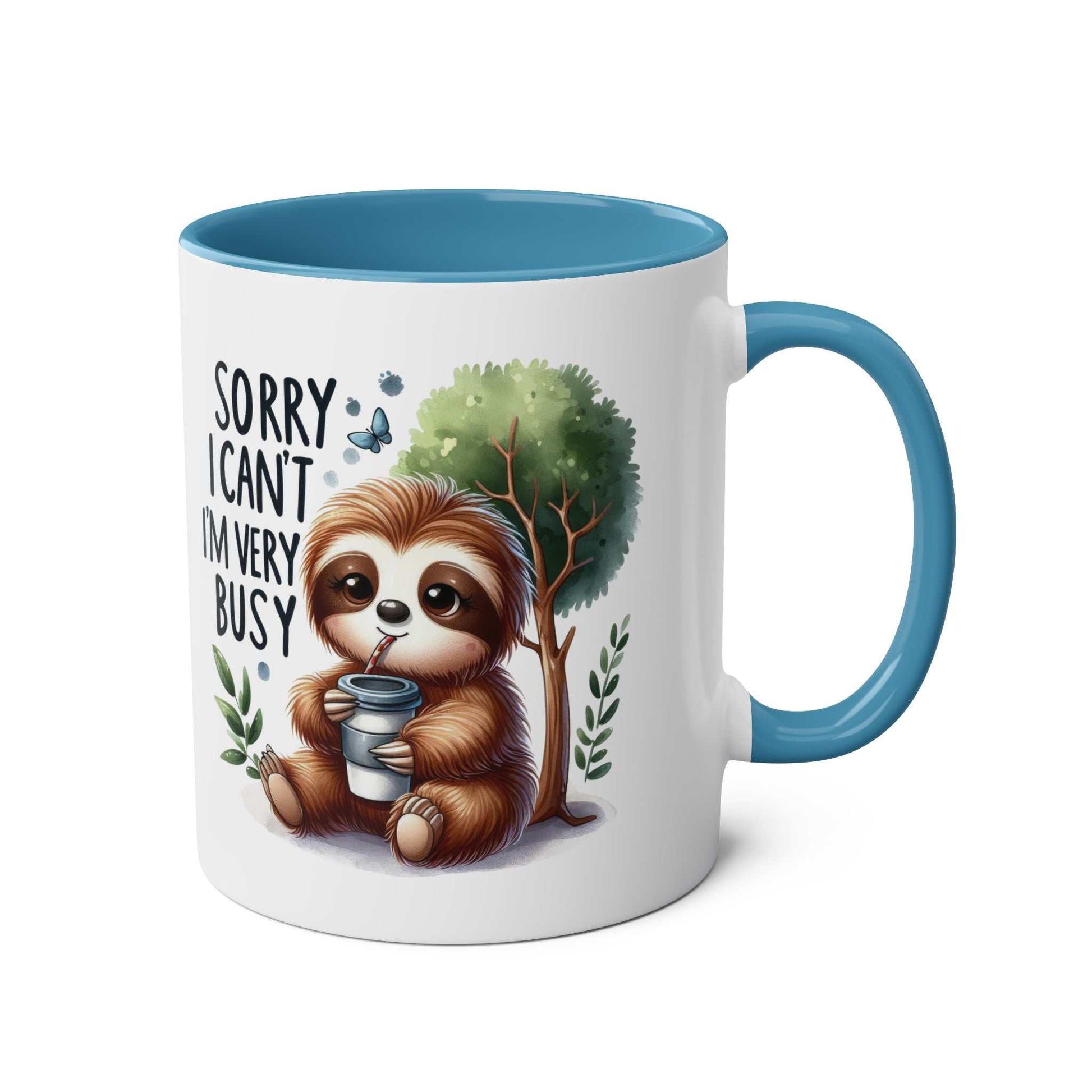 Cute sloth coffee mug with whimsical design, blue interior, 11oz ceramic, microwave and dishwasher safe.