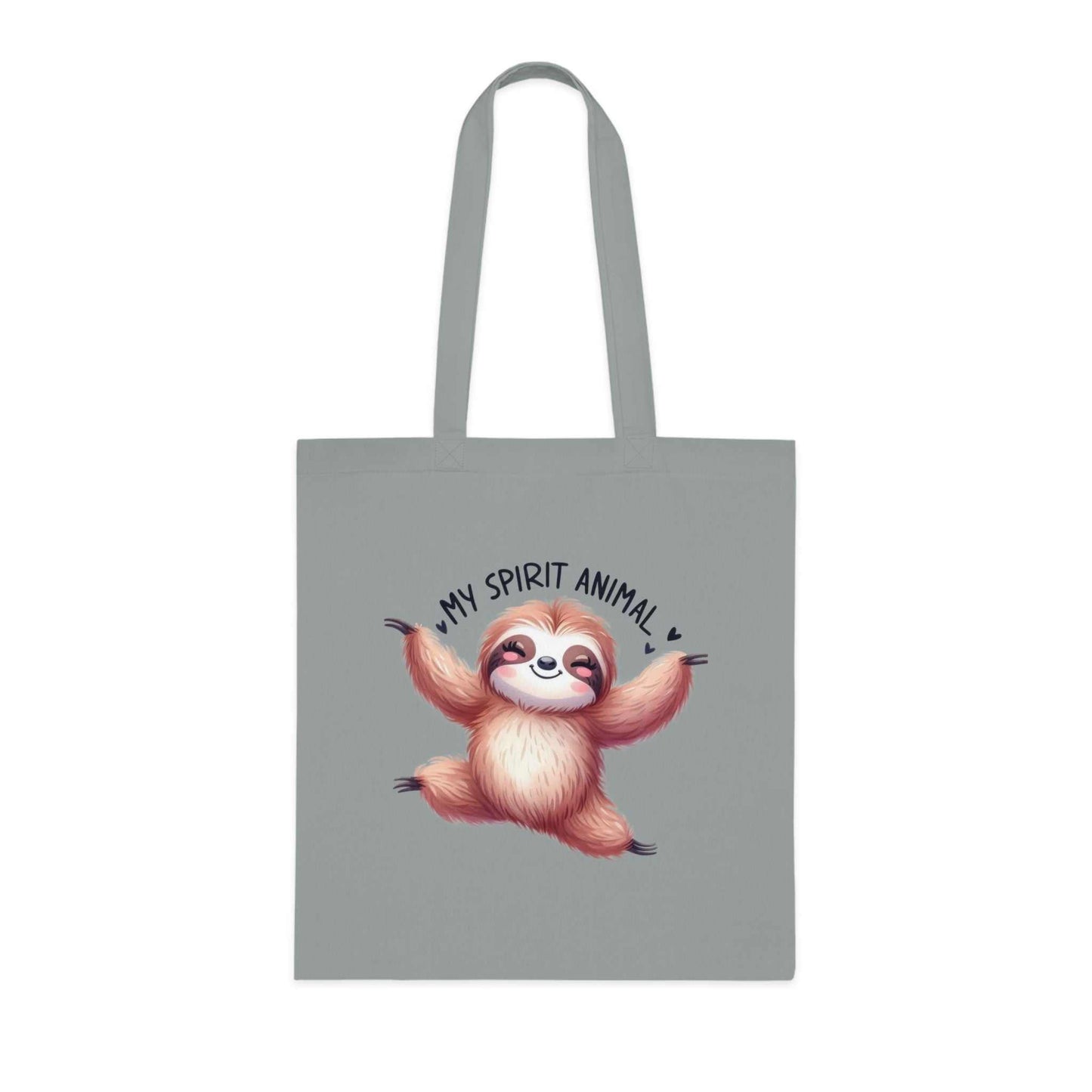 Cotton tote bag with cute sloth design, durable 100% cotton fabric, available in six colors.