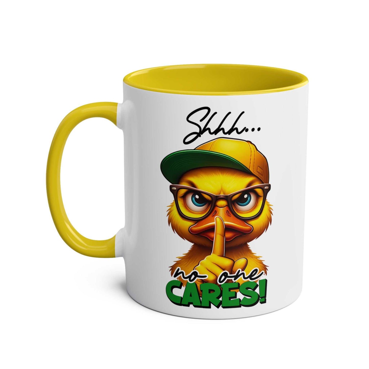 Sarky duck design on "No One Cares" coffee mug with "shhh" message, yellow handle, ceramic, 11oz.