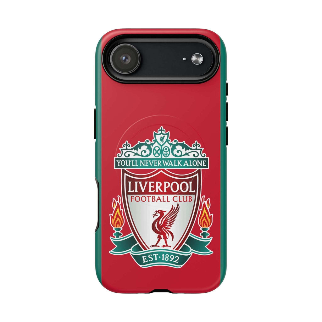 Liverpool FC MagSafe iPhone case with red design and official-inspired crest, dual-layer protective shell with MagSafe compatibility
