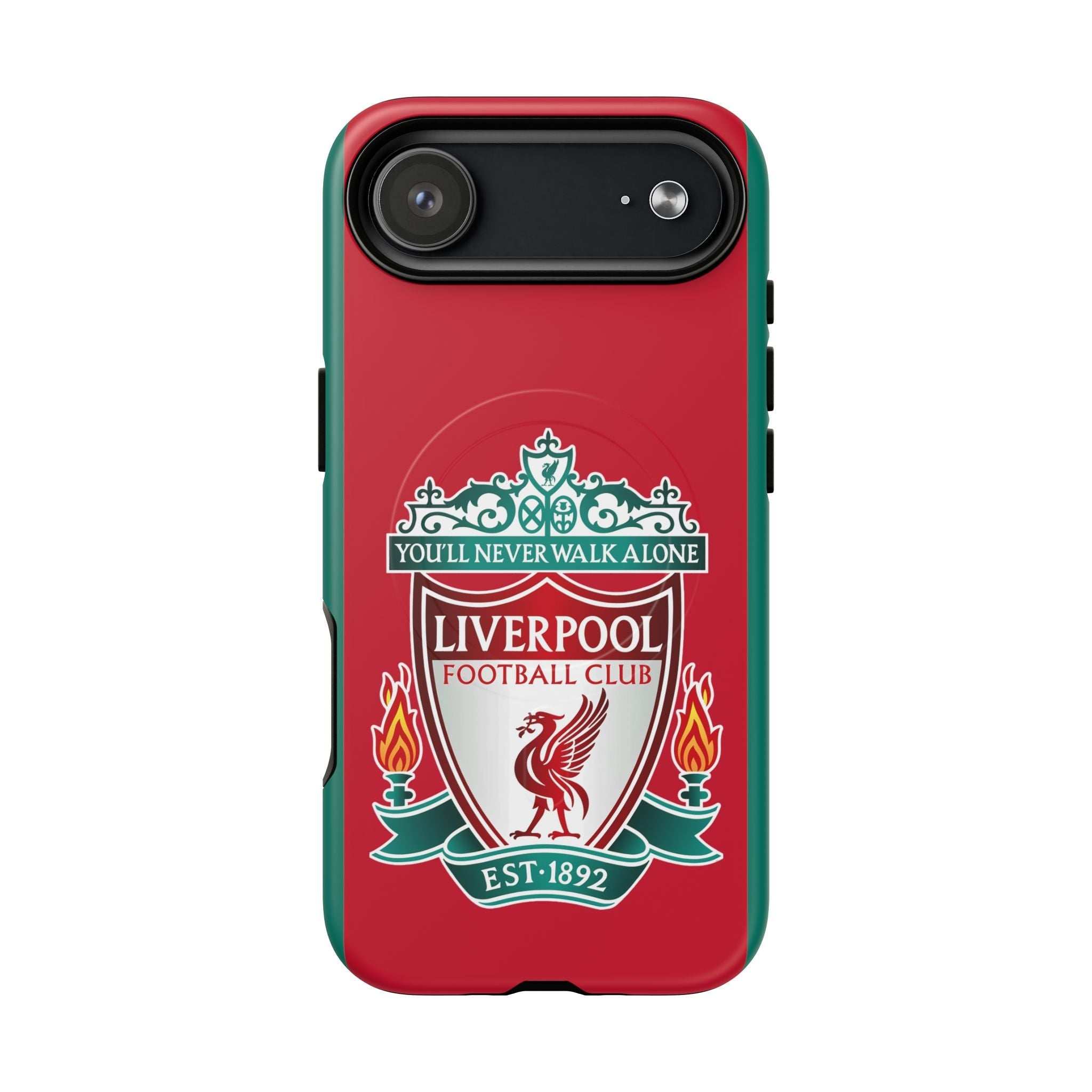 Liverpool FC MagSafe iPhone case with red design and official-inspired crest, dual-layer protective shell with MagSafe compatibility