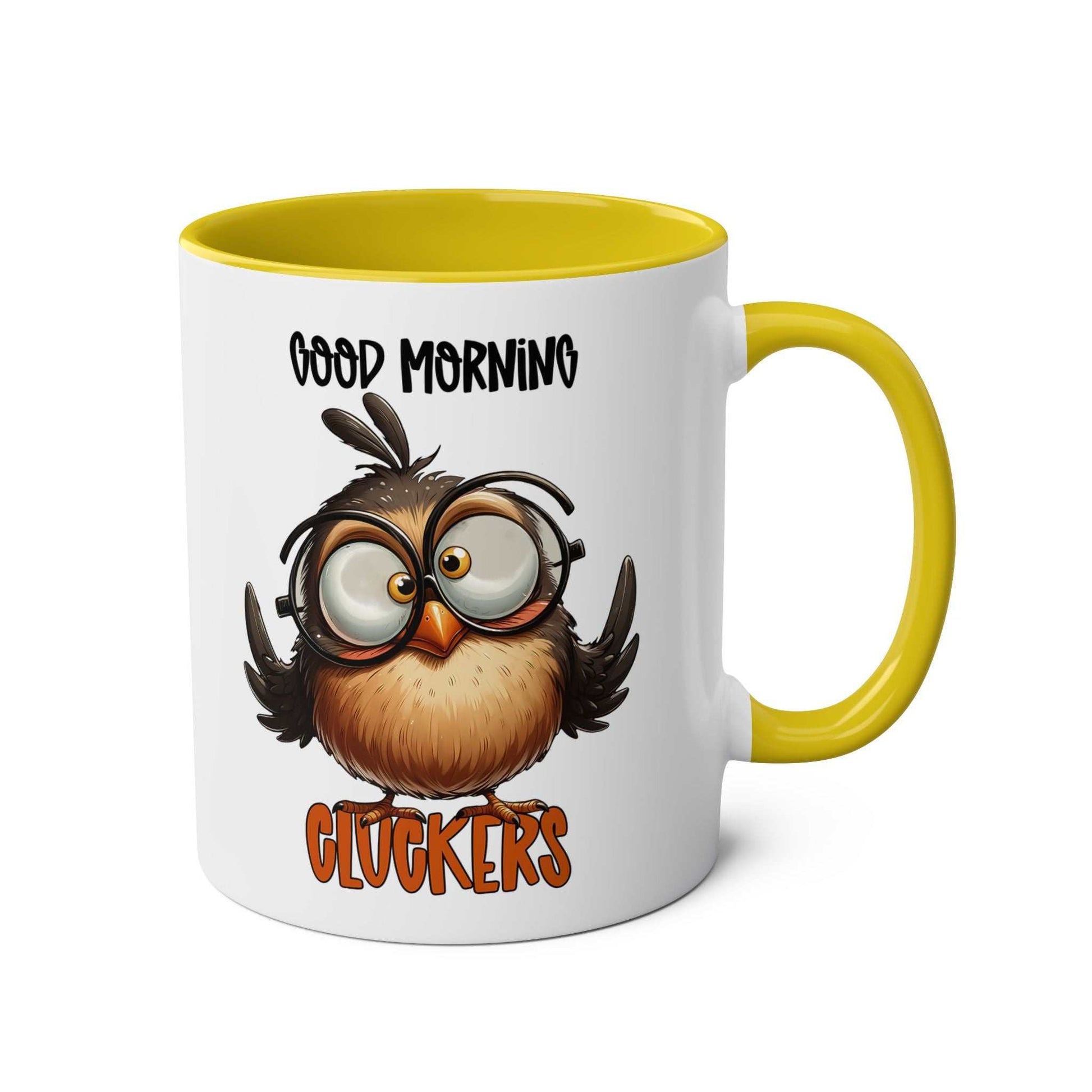 Funny Morning Cluckers Coffee Mug with owl design and yellow handle, perfect for a humorous start to the day.