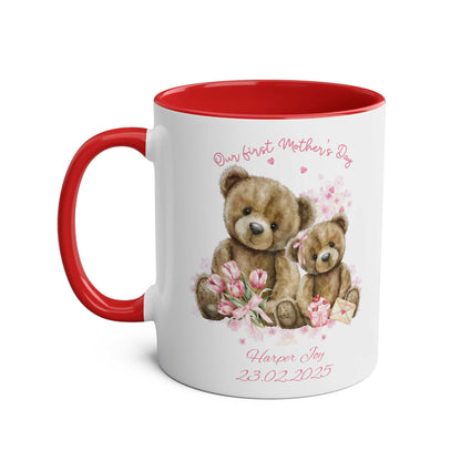 Personalised Our First Mother's Day mug with teddy bear design and customizable text.