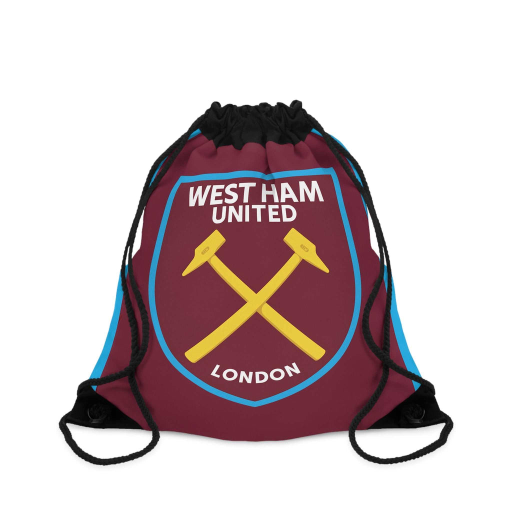 West Ham Utd drawstring bag in claret and blue with crossed hammers crest, lightweight polyester, durable and spacious for gym and everyday use
