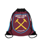 West Ham Utd drawstring bag in claret and blue with crossed hammers crest, lightweight polyester, durable and spacious for gym and everyday use