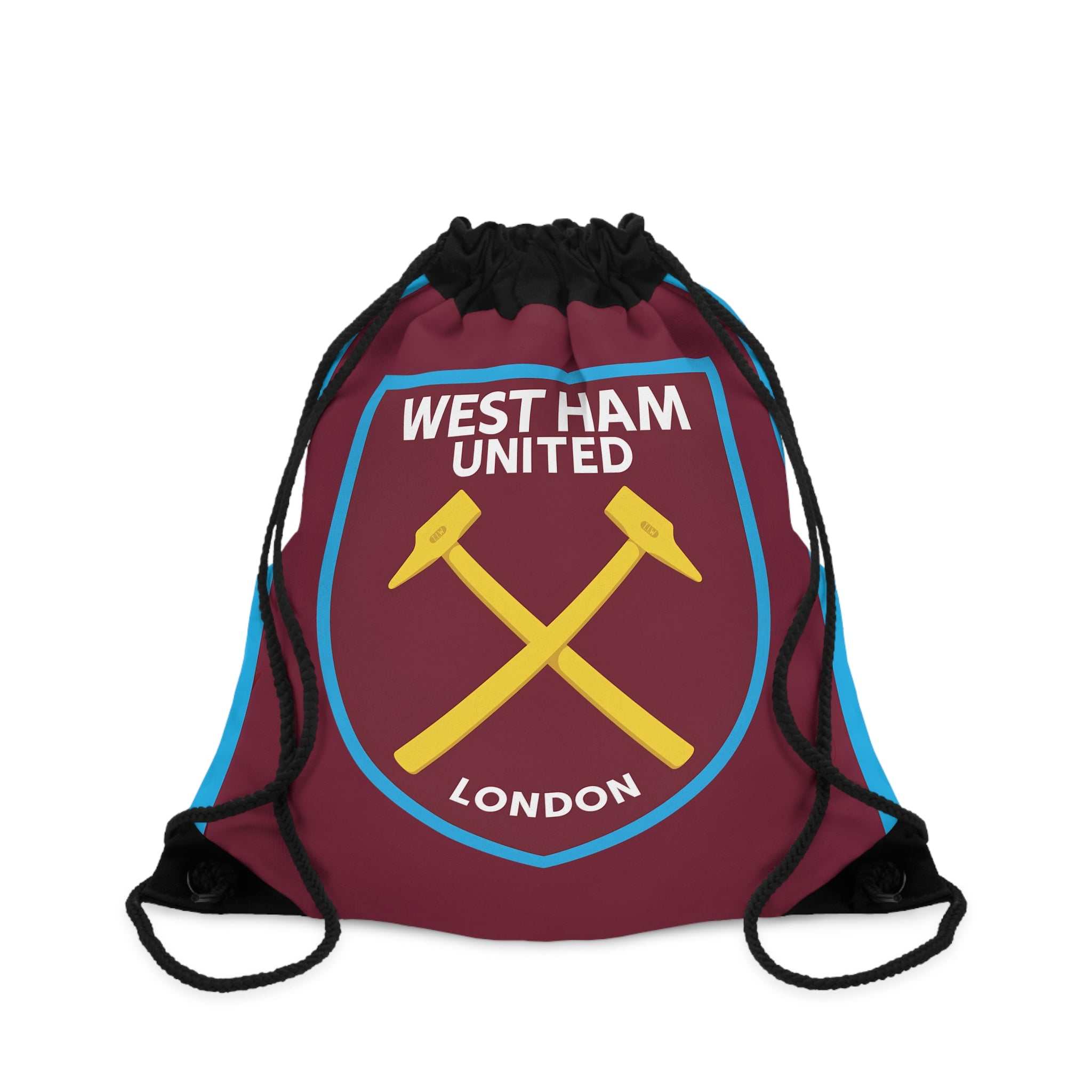 West Ham Utd drawstring bag in claret and blue with crossed hammers crest, lightweight polyester, durable and spacious for gym and everyday use