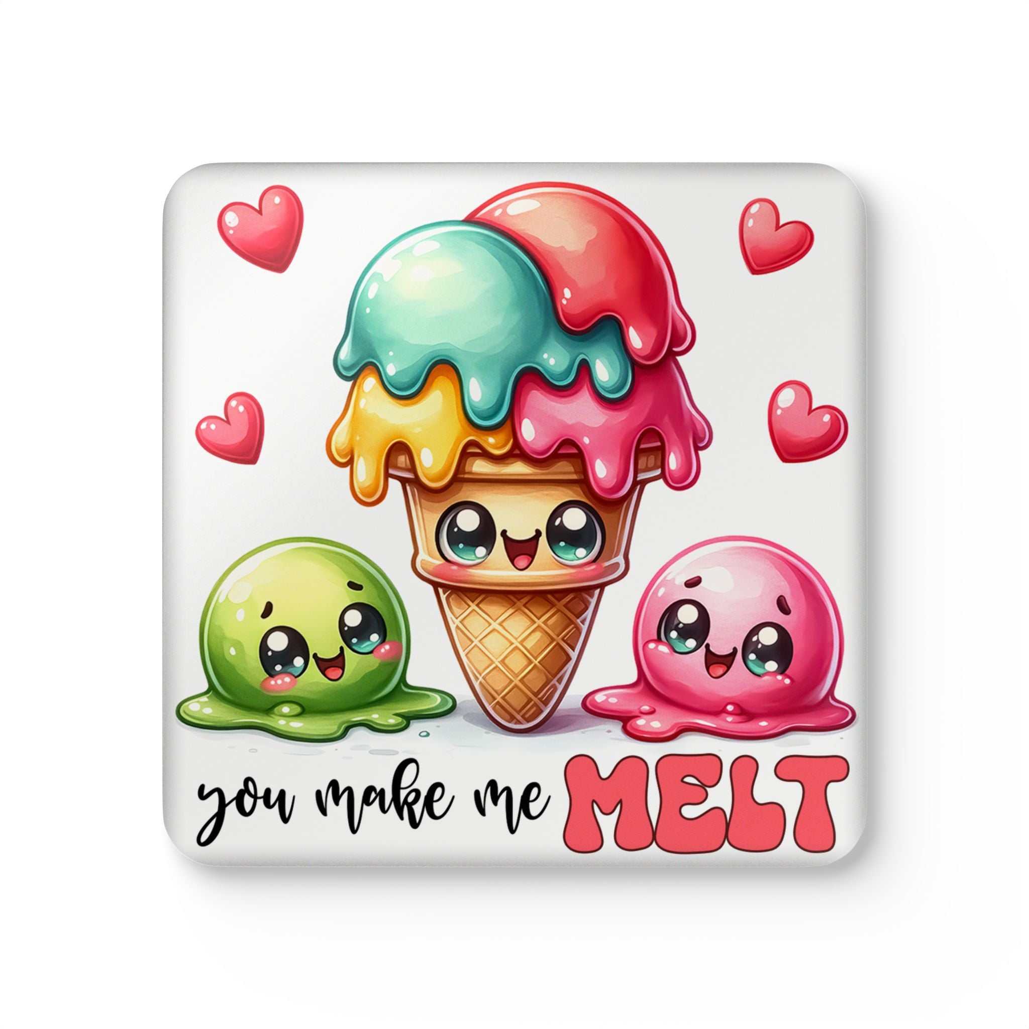 Colorful "You Make Me Melt Coaster Set" with playful ice cream design and hearts.