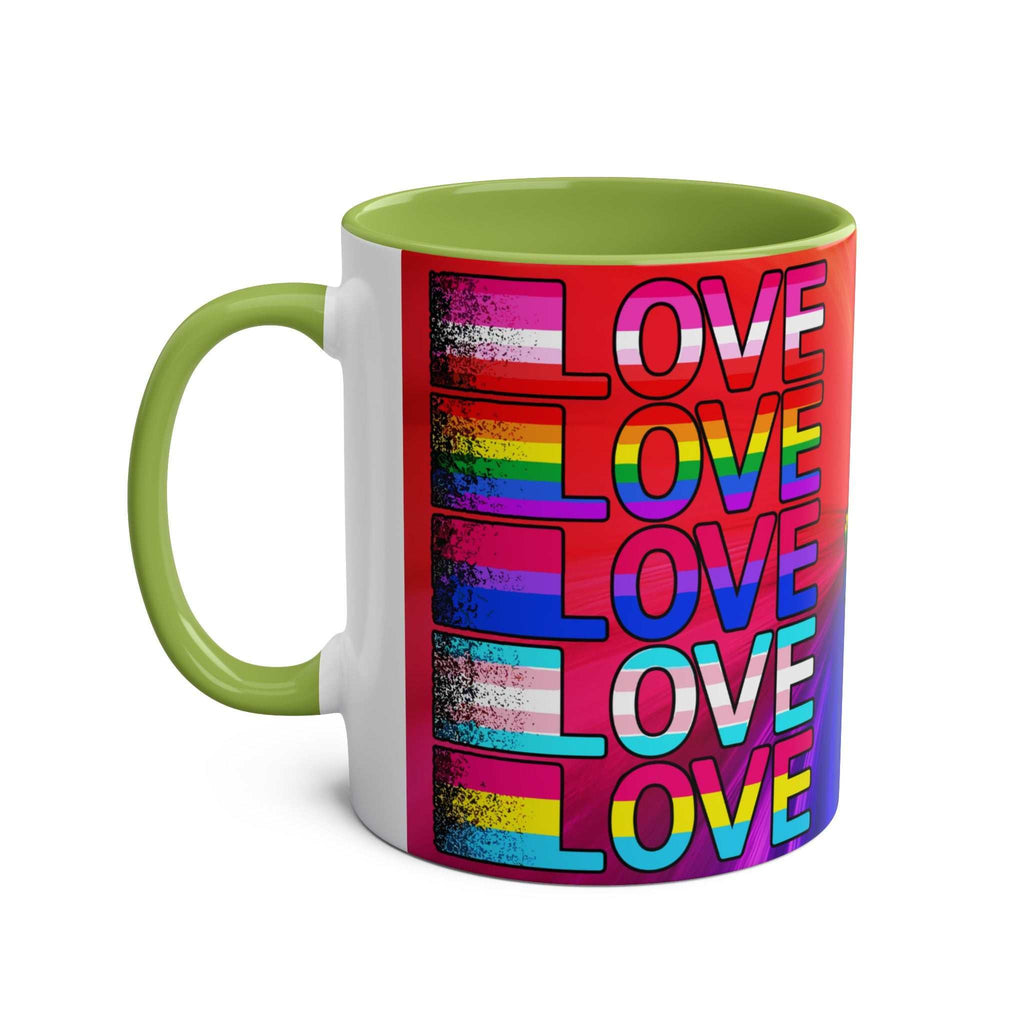 LGBTQ+ Pride mug with vibrant rainbow design, green handle, ceramic, glossy finish, 11oz size.