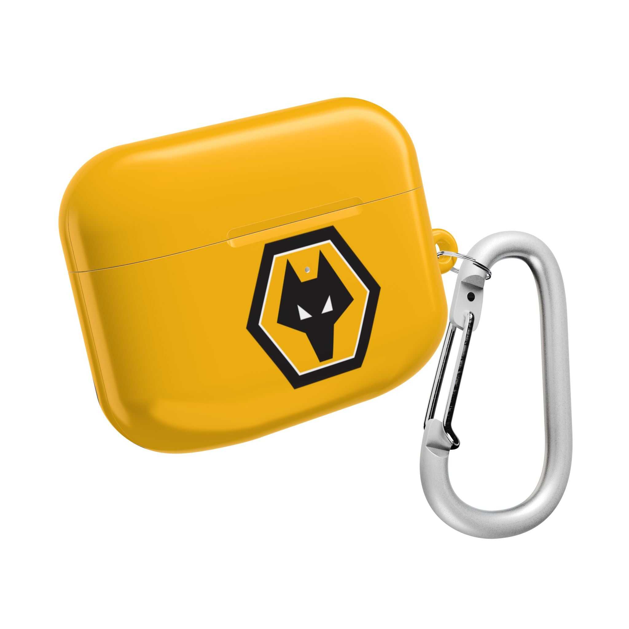 Wolves FC AirPods protective case in gold with wolf crest and carabiner clip