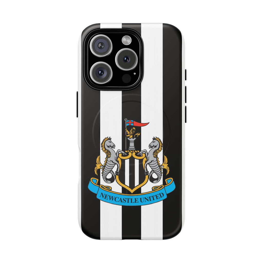 Newcastle United Magsafe iPhone case with black and white stripes and official-inspired crest, protective dual-layer design, and MagSafe compatibility.