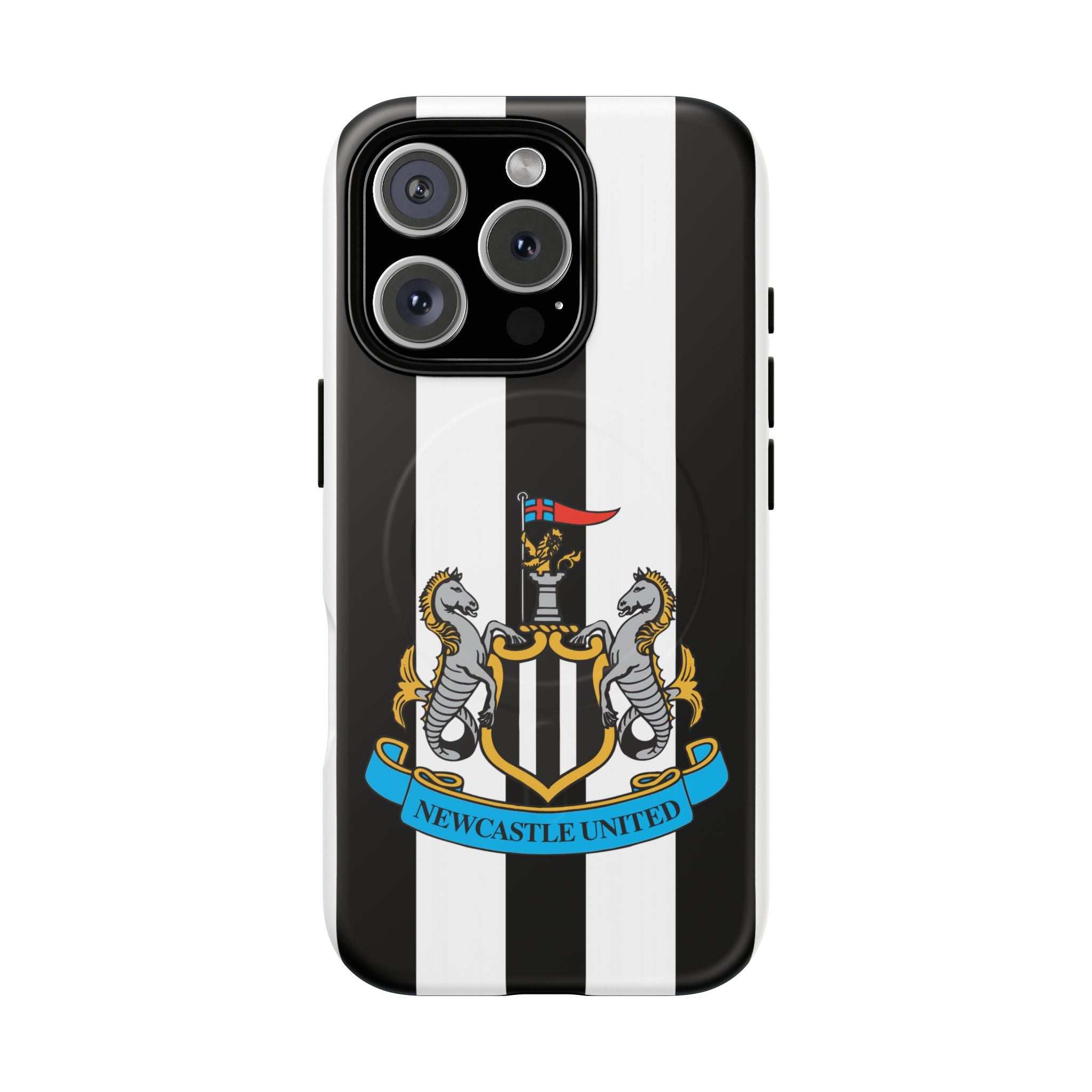 Newcastle United Magsafe iPhone case with black and white stripes and official-inspired crest, protective dual-layer design, and MagSafe compatibility.