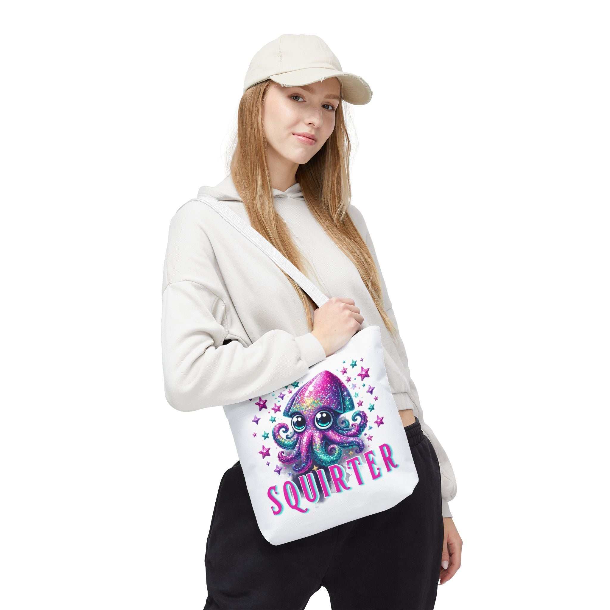 Cheeky Squirter Squid Tote Bag with fun design and durable polyester fabric