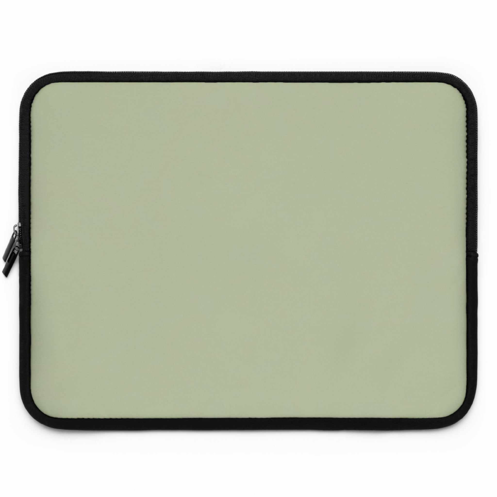 Sage green neoprene laptop sleeve with black trim, soft foam lining, dual zipper, lightweight and waterproof protection for laptops.