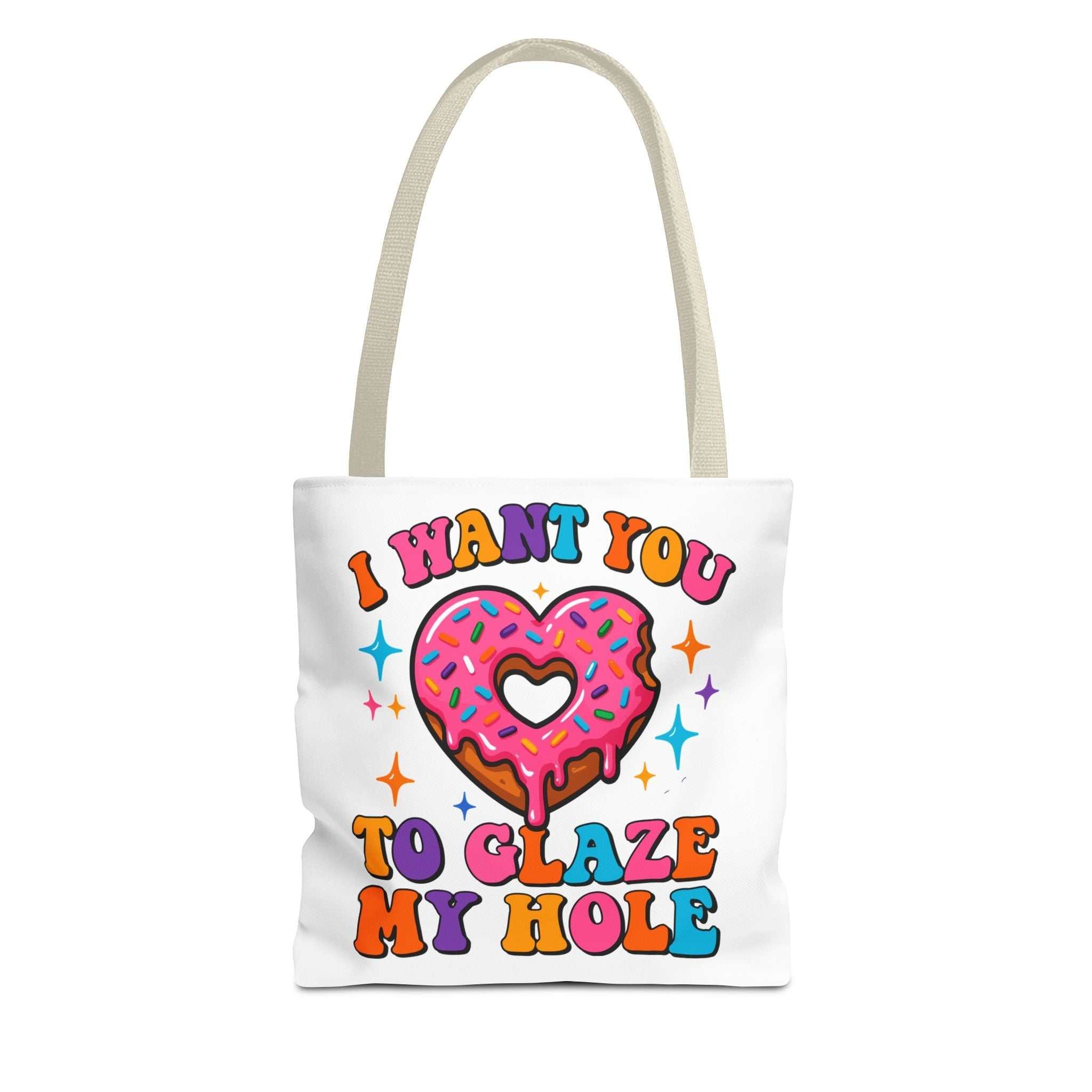 Glaze My Hole Donut Tote Bag with cheeky print and multiple handle colors in durable spun polyester