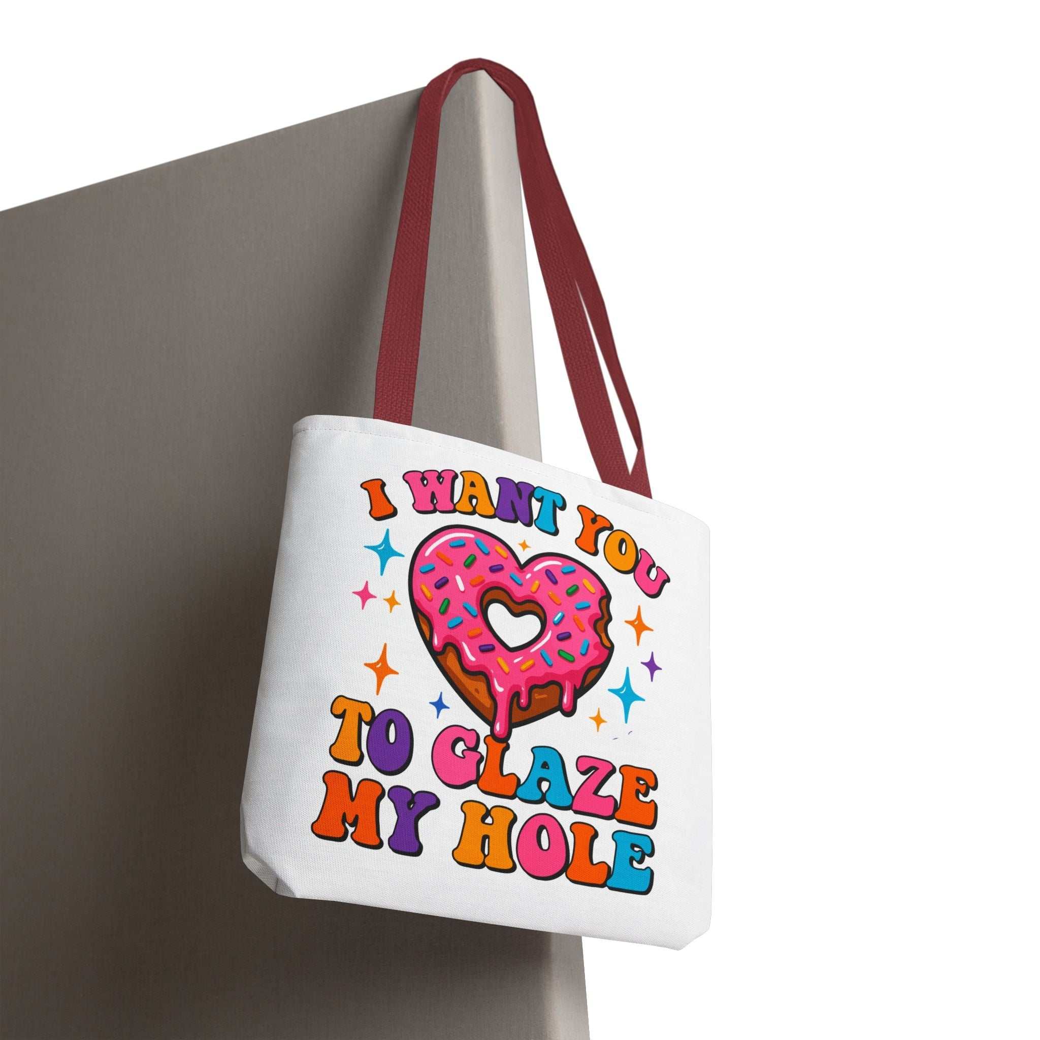 Glaze My Hole Donut Tote Bag with cheeky donut print and cotton webbing straps in multiple colors