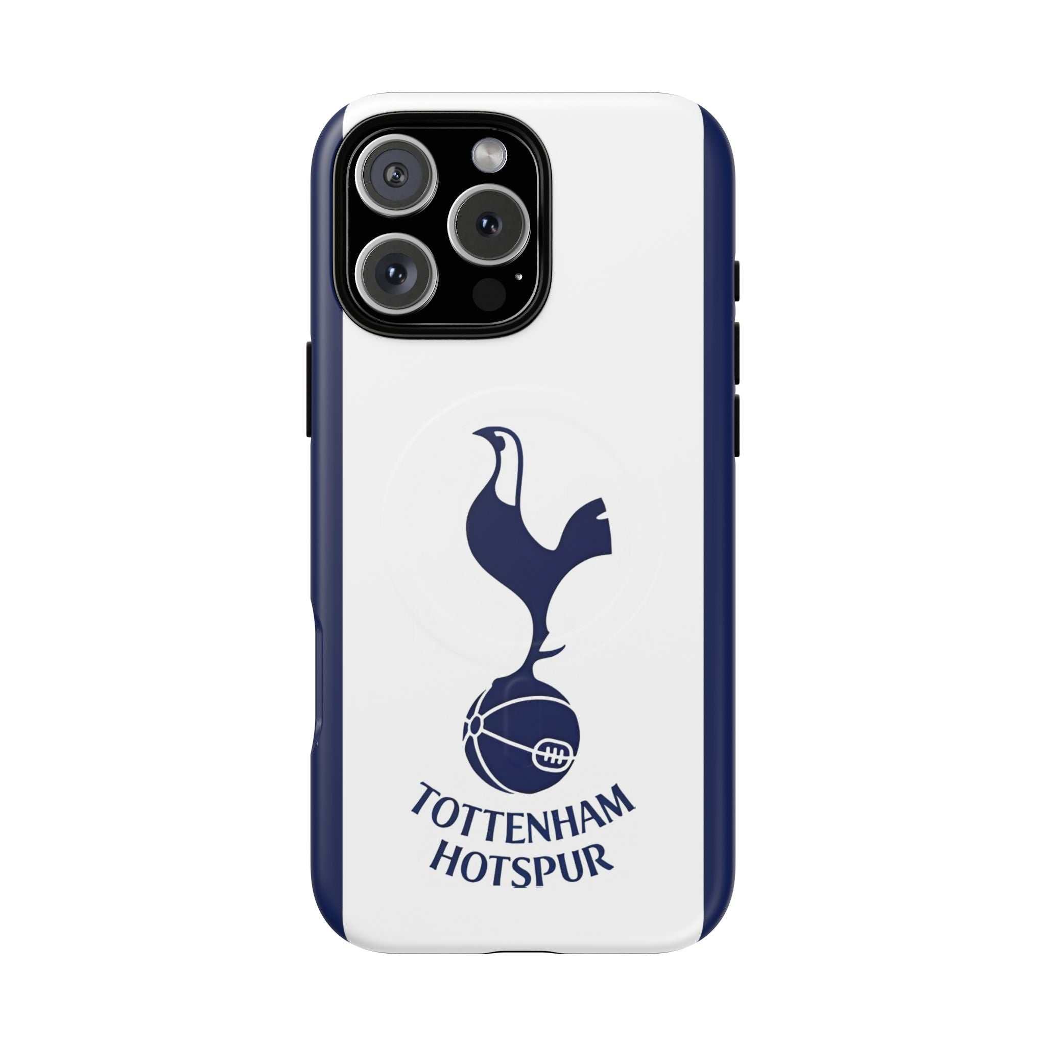 Tottenham FC MagSafe iPhone case with white and navy design and Spurs crest, dual-layer protection, and MagSafe compatibility