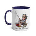 Ceramic coffee mug with funny fishing dad caricature and colorful handle accents