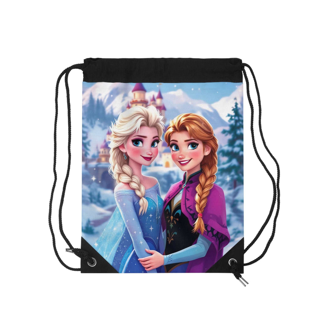 Frozen-inspired drawstring bag with snowy princess design and black drawstrings