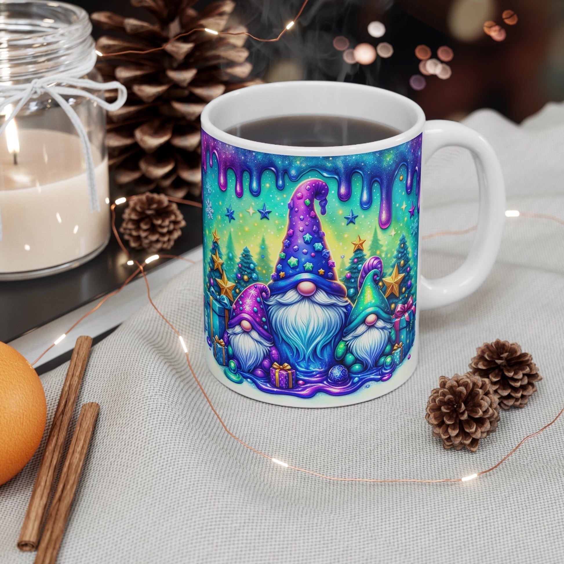 Christmas Gnome Mug with colorful festive design, perfect for holiday drinks.