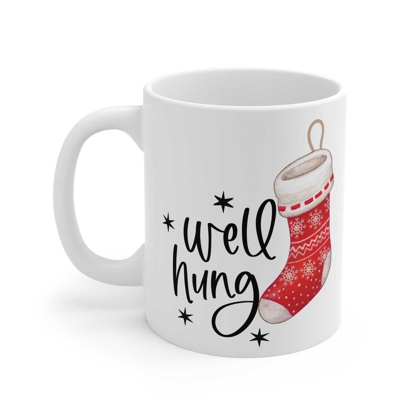 Cheeky Rude Christmas Mug with festive stocking design and playful text.