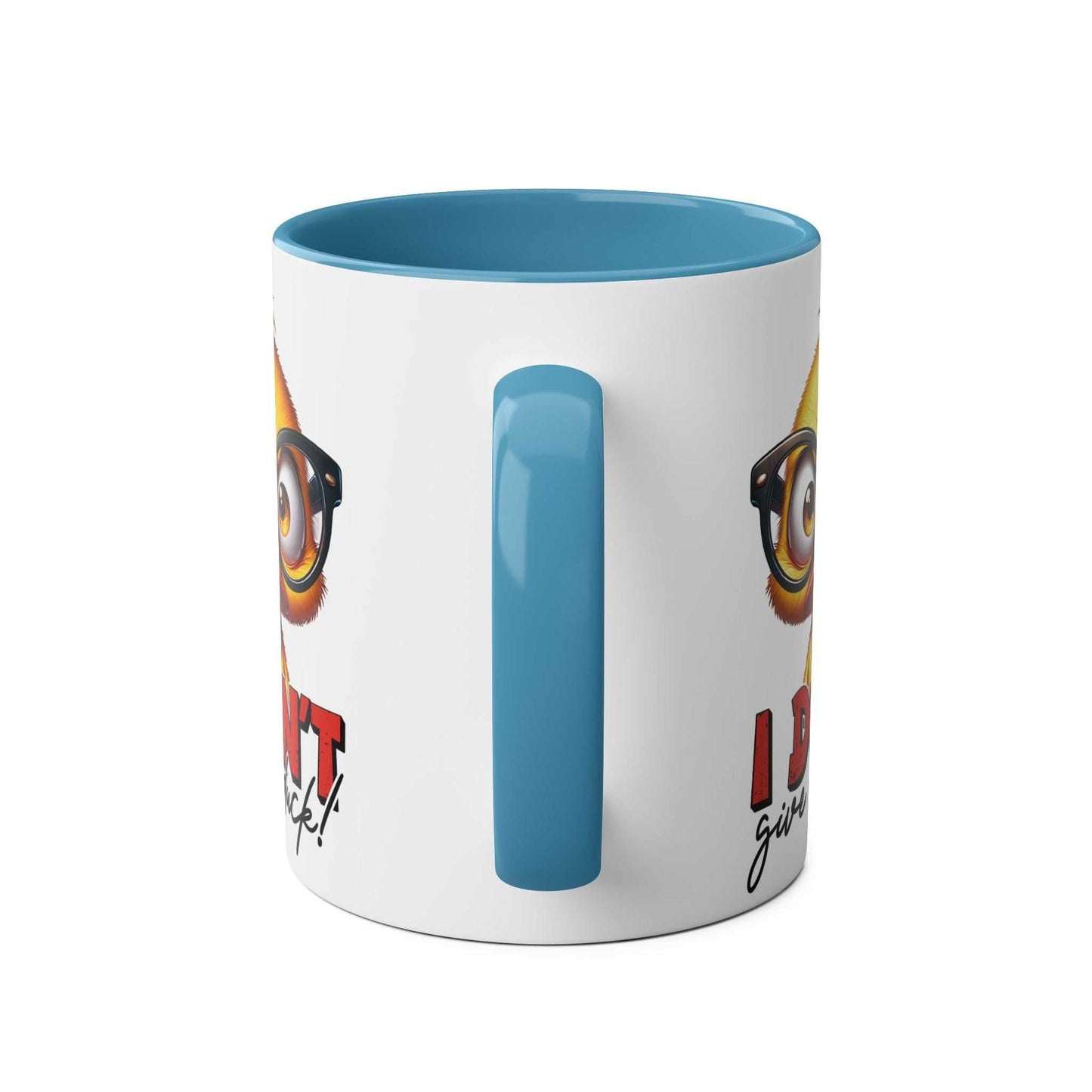 Quirky duck design on the 'I Dont Give A Duck' coffee mug with blue interior.