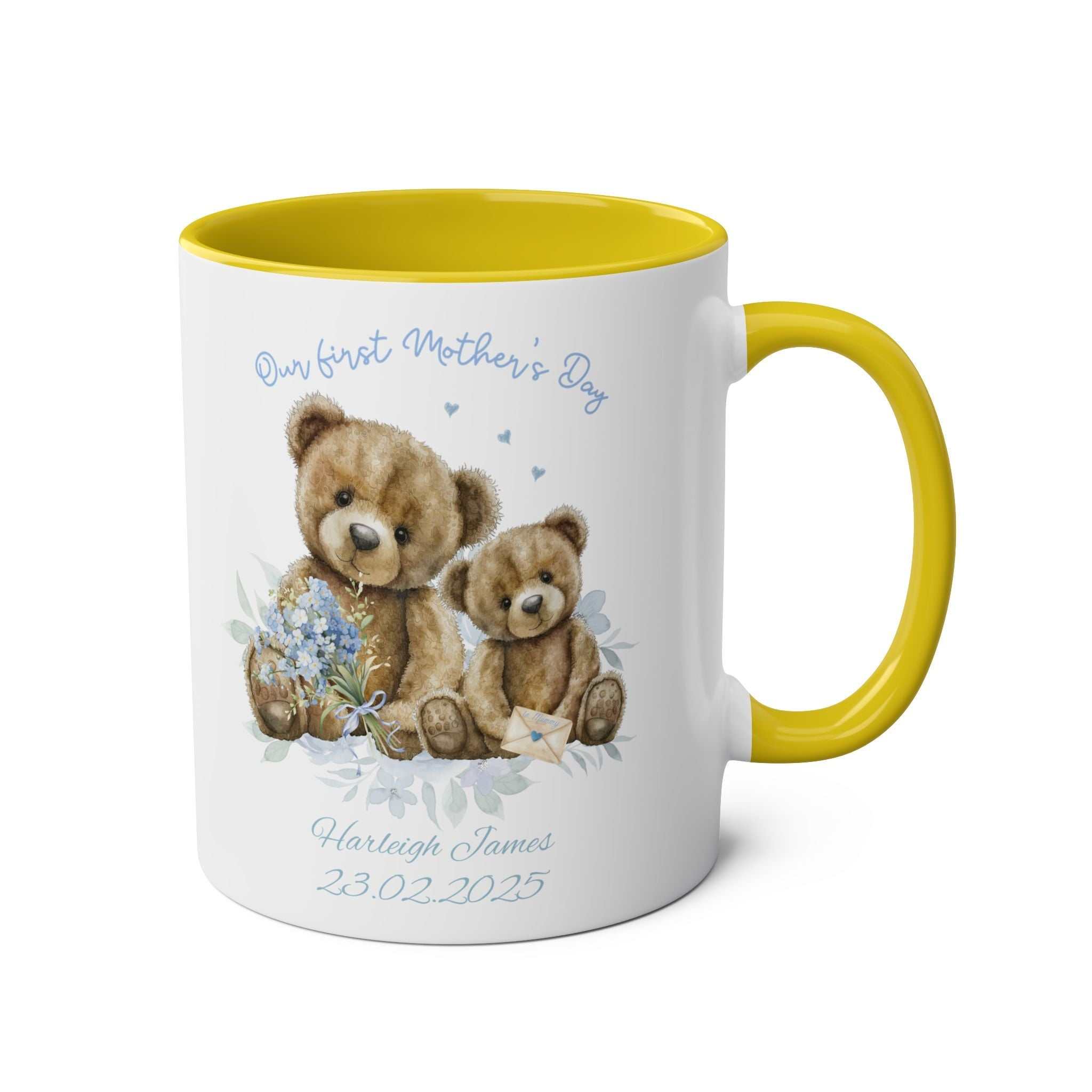 Personalised Mother's Day boy gift mug with teddy bear design and yellow interior.