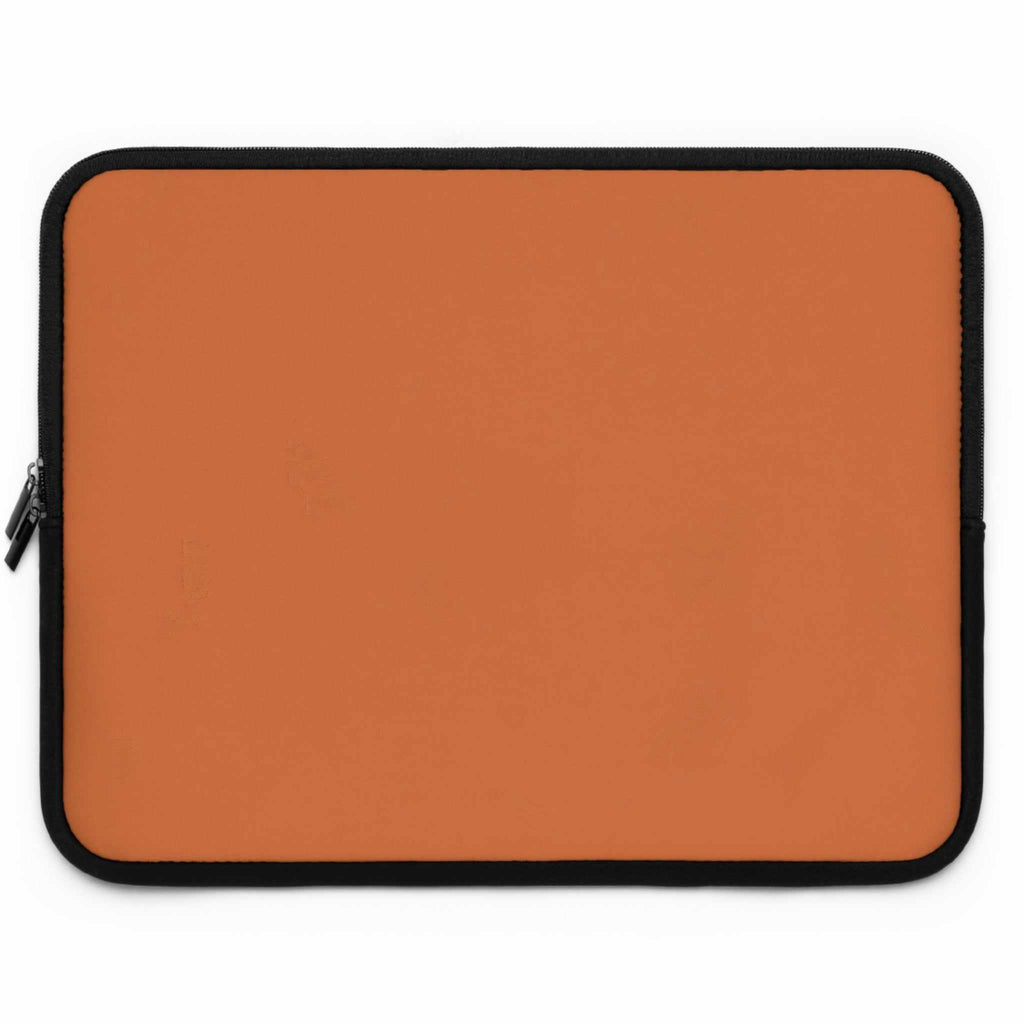 Bold orange laptop sleeve with black trim, durable neoprene, soft foam lining, dual zipper, lightweight and waterproof protection.
