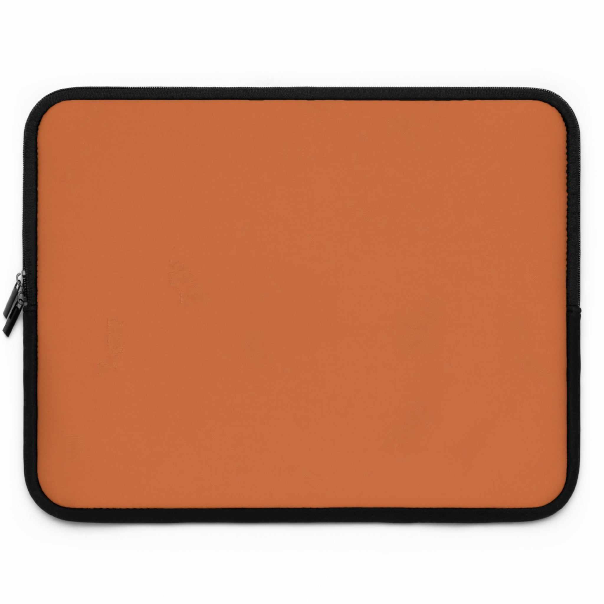 Bold orange laptop sleeve with black trim, durable neoprene, soft foam lining, dual zipper, lightweight and waterproof protection.