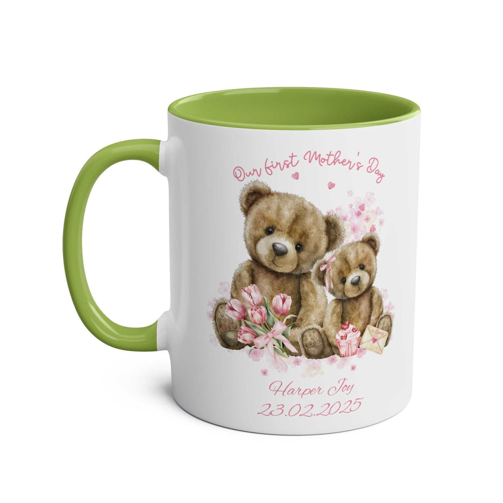 Personalised mug with teddy bears, "Our First Mother's Day" design, green interior.