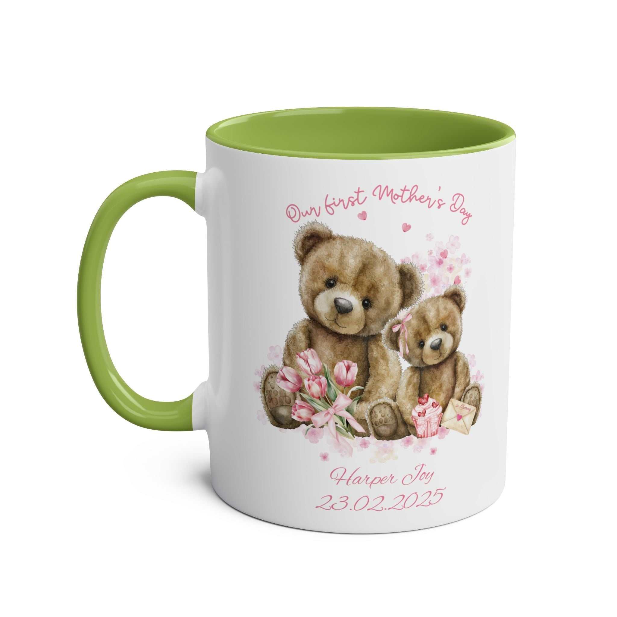 Personalised mug with teddy bears, "Our First Mother's Day" design, green interior.