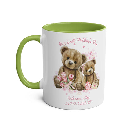 Personalised mug with teddy bears, "Our First Mother's Day" design, green interior.