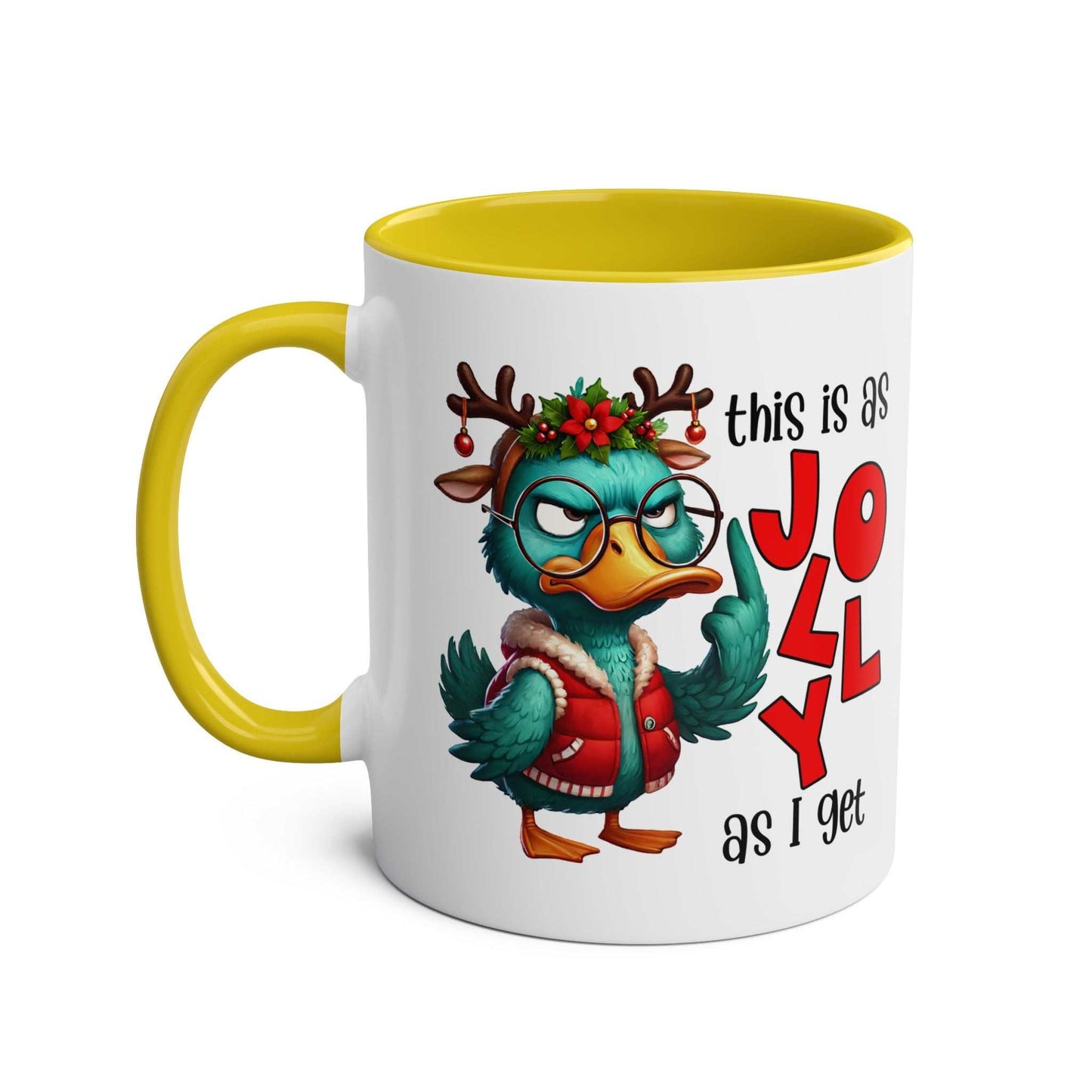 Sarky Christmas Mug with duck design and humorous twist, 11oz glossy ceramic, microwave and dishwasher safe.