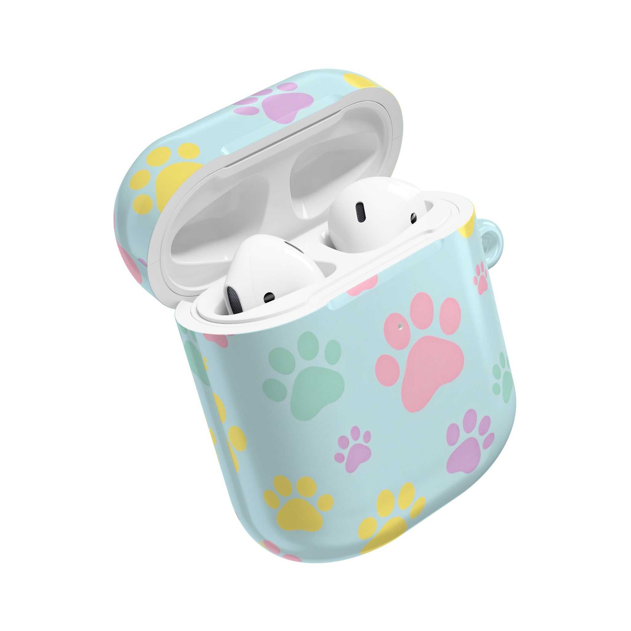 Pastel doggy paw print AirPods protective case with colorful paw patterns on light blue background