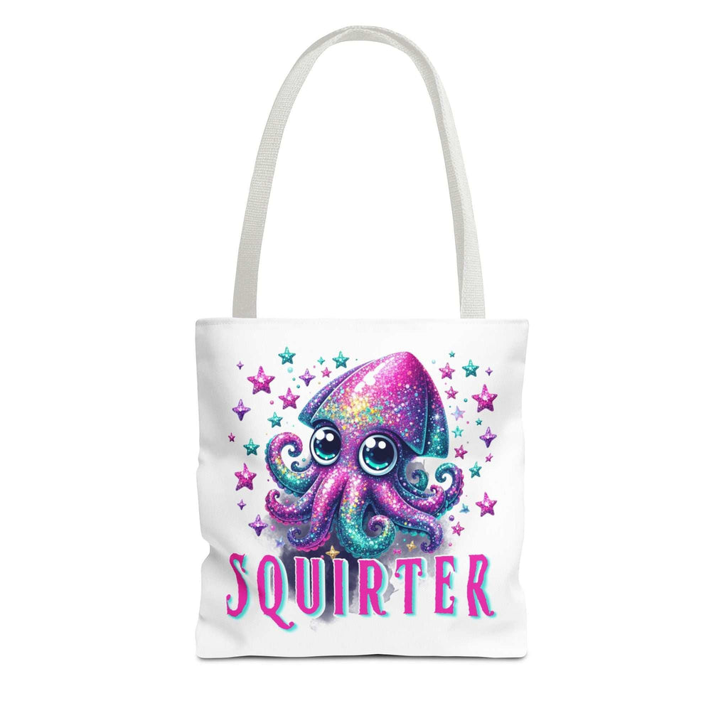 Cheeky Squirter Squid Tote Bag in durable polyester with colorful handles, perfect for errands and casual outings