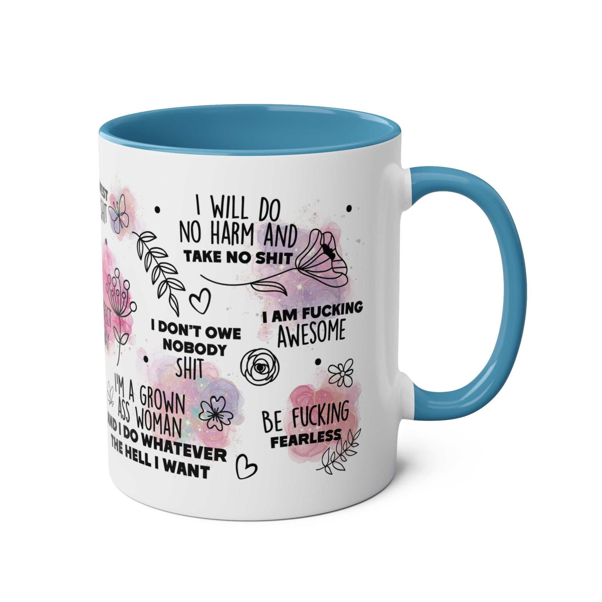 Sweary Quotes Coffee Mug with cheeky sayings and a blue handle, 11oz ceramic, glossy finish.