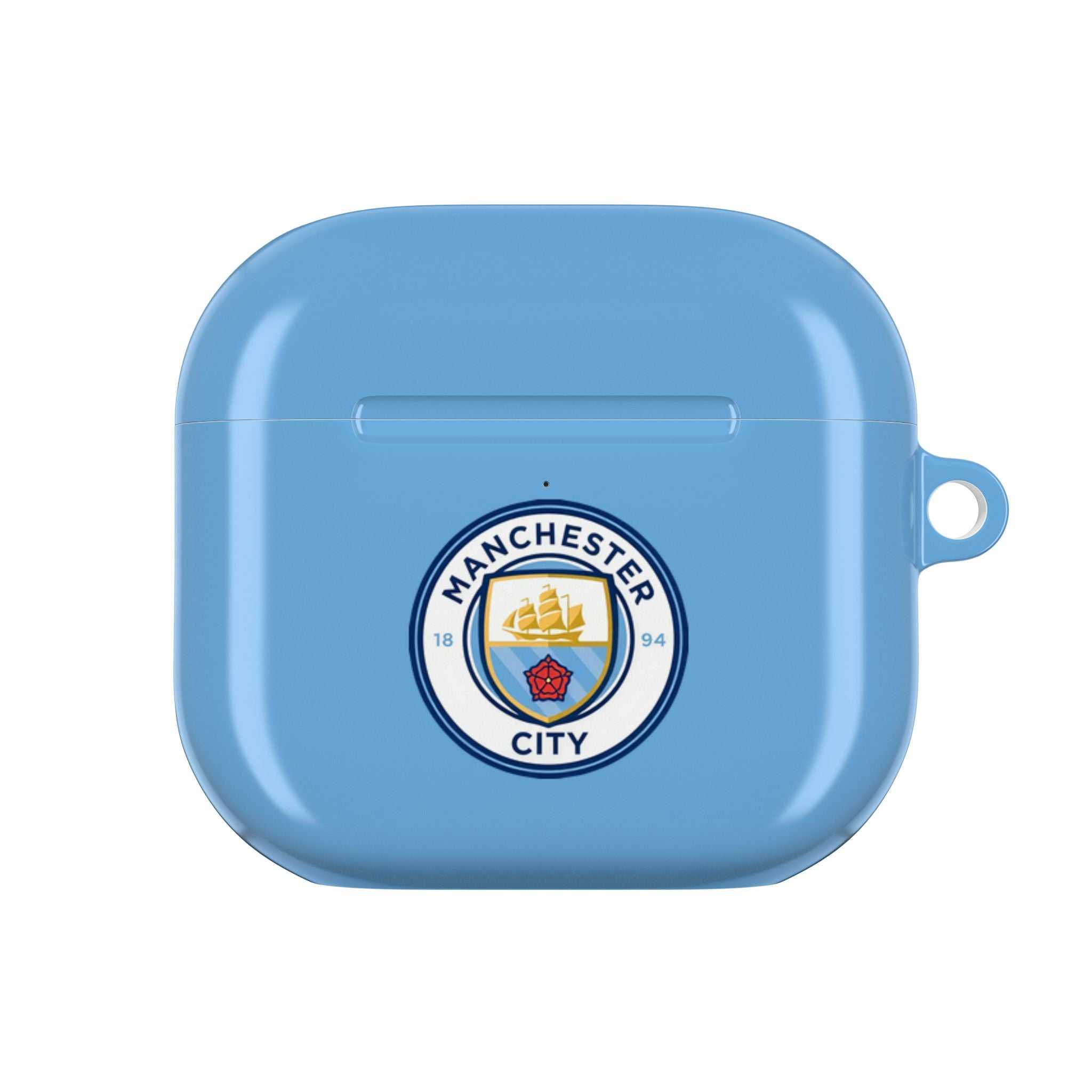 Manchester City FC AirPods protective case in sky blue with club crest, shock-resistant and wireless charging compatible