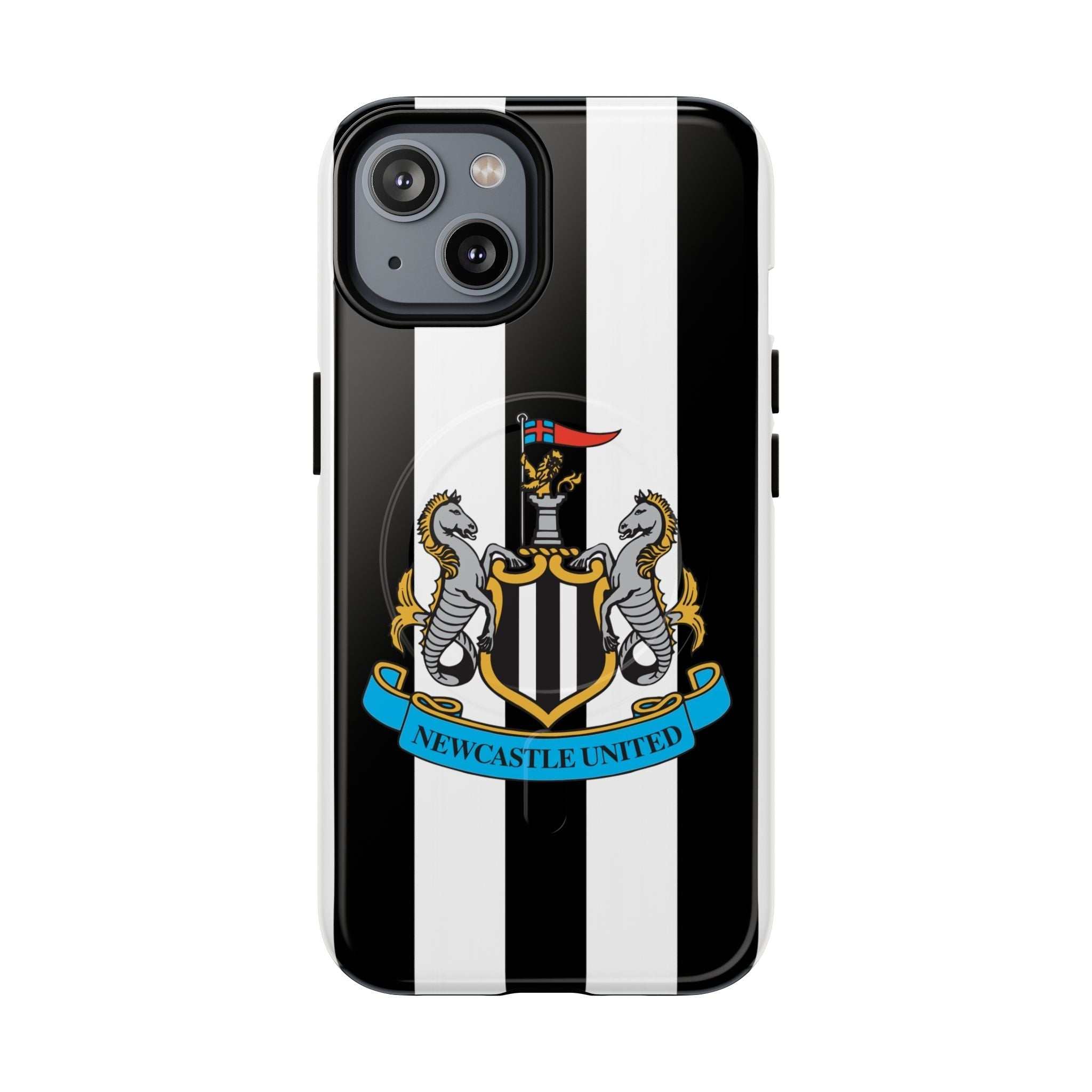 Newcastle United MagSafe iPhone case with black and white stripes and official-inspired crest, durable and wireless charging compatible.