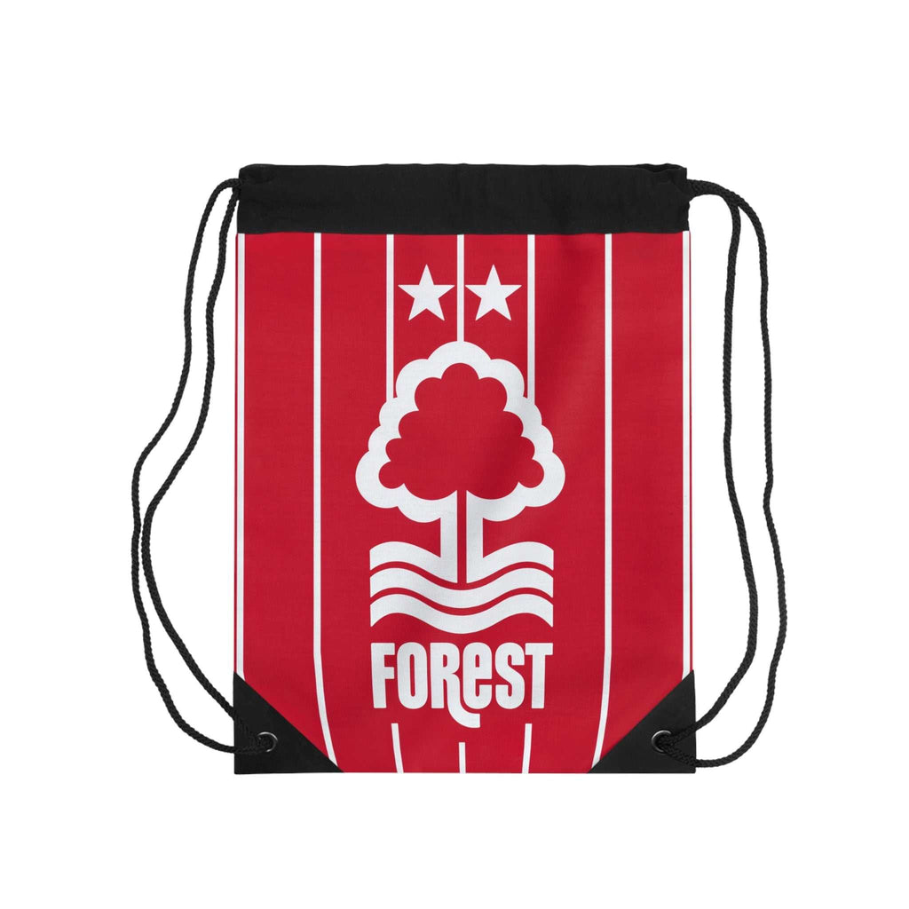 Nottingham Forest drawstring bag in red with white tree crest and black drawstrings, lightweight polyester gym and travel bag