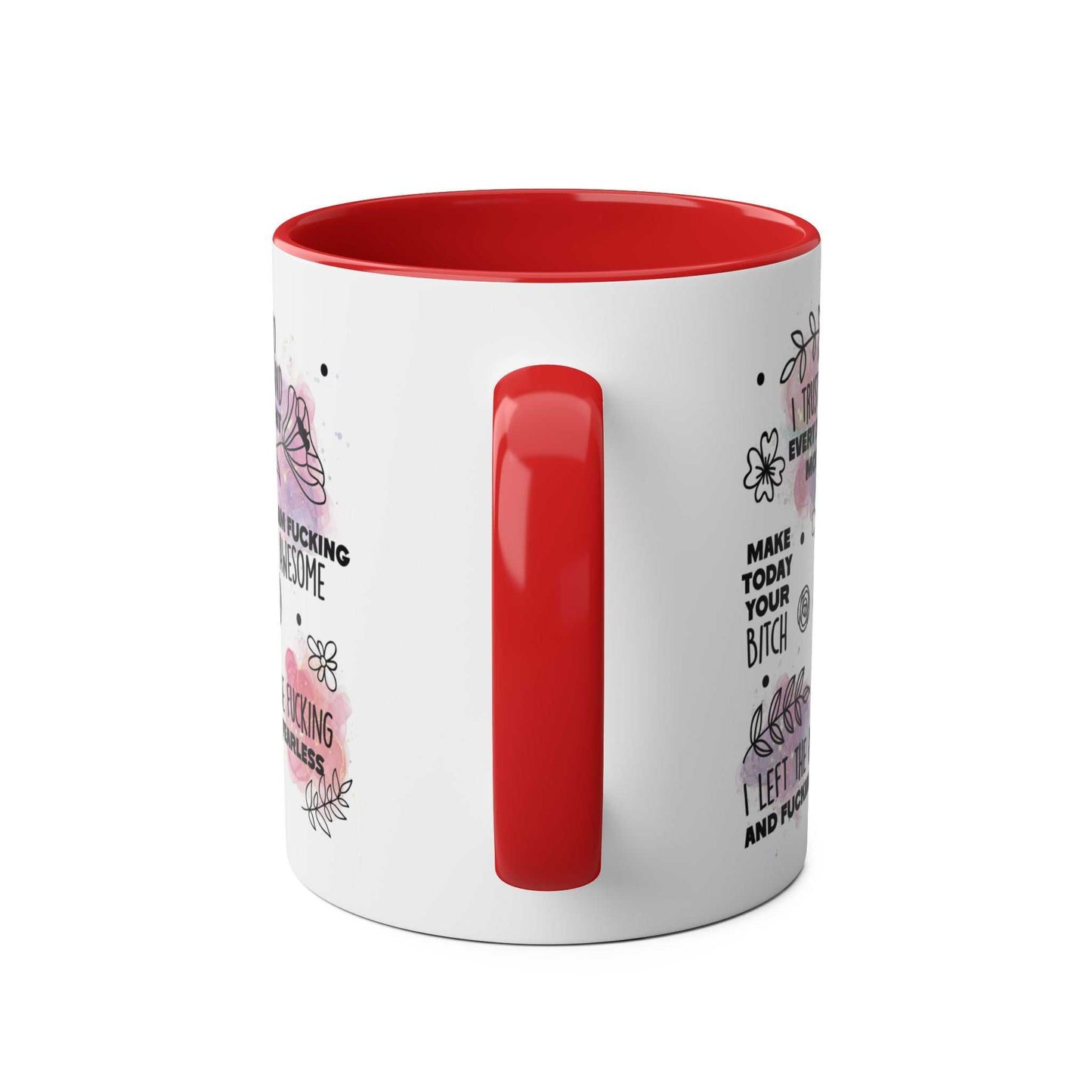 Sweary Quotes Coffee Mug with cheeky sayings, red handle, and glossy finish.