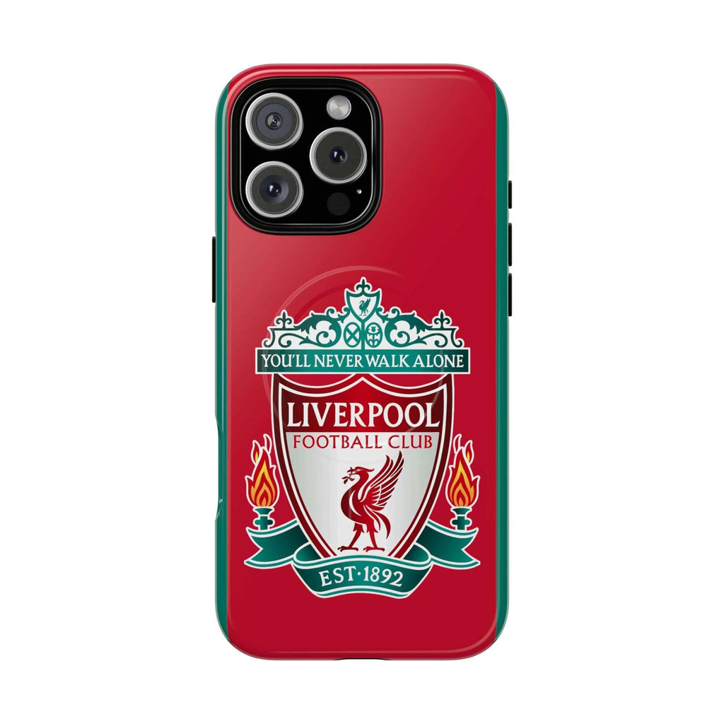 Liverpool FC MagSafe iPhone case in red with official-inspired crest and dual-layer protection