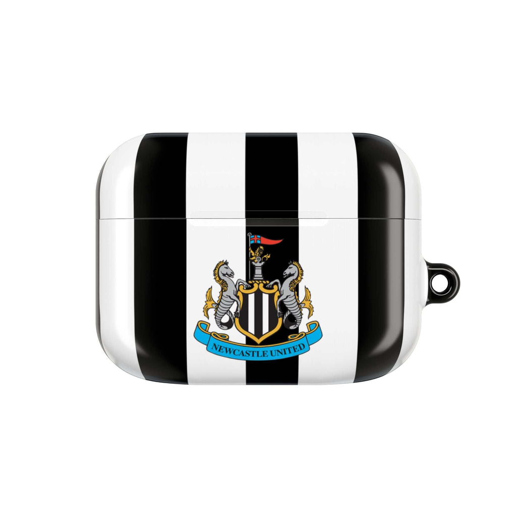 Newcastle Utd FC AirPods case with black and white stripes and club crest, durable and wireless charging compatible