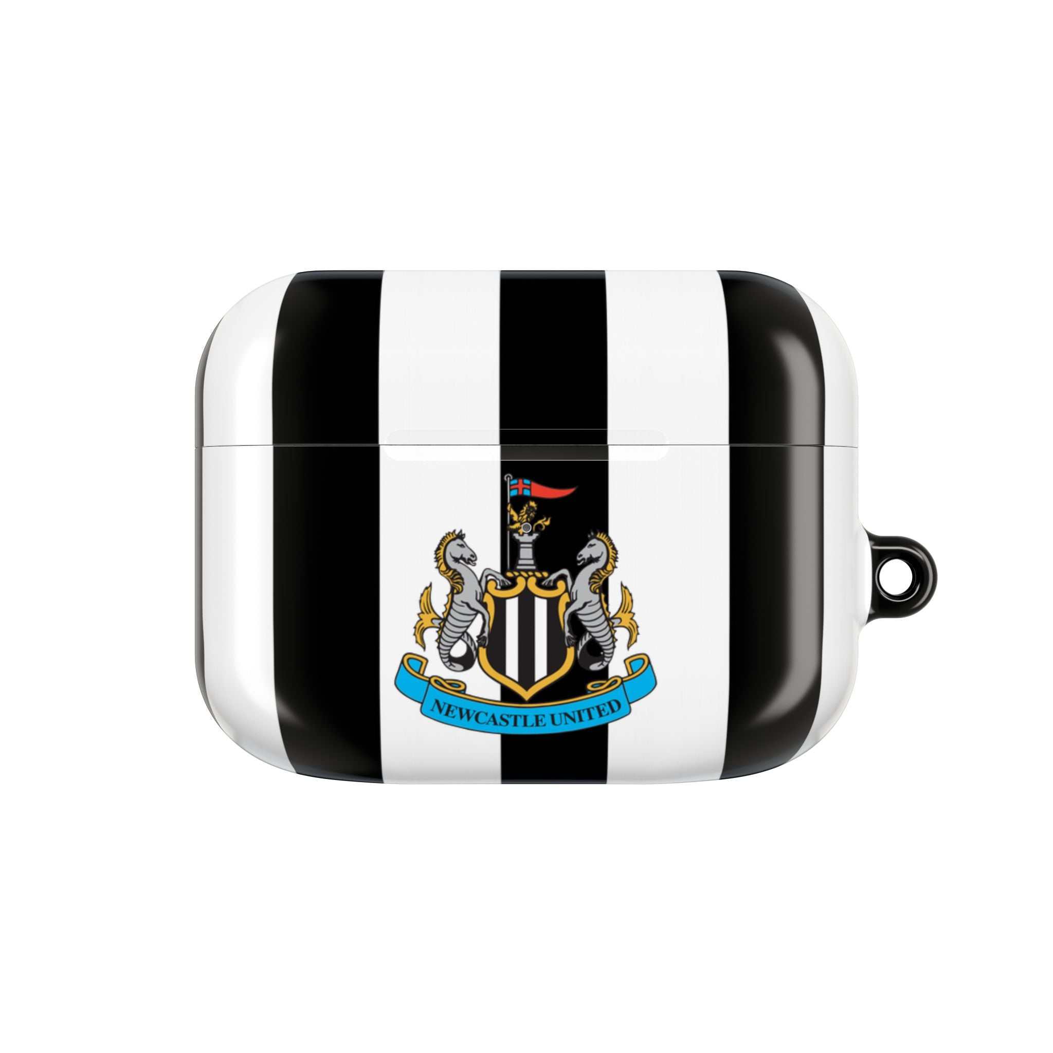 Newcastle Utd FC AirPods case with black and white stripes and club crest, durable and wireless charging compatible