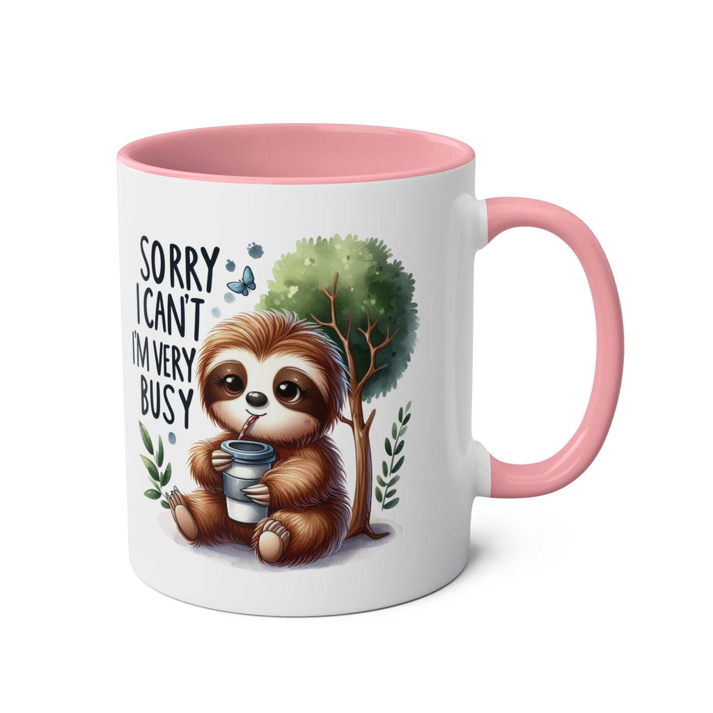 cute sloth coffee mug with pink handle and interior, charming sloth design, ideal for animal lovers, 11oz ceramic, dishwasher safe