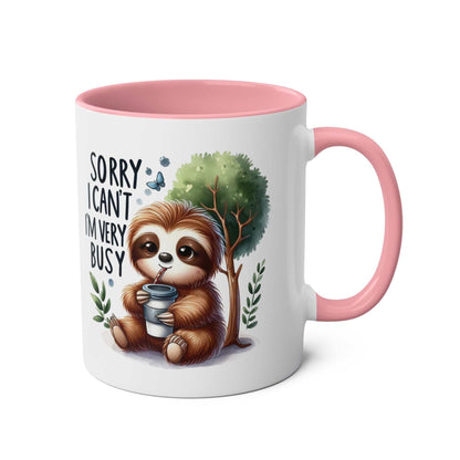 cute sloth coffee mug with pink handle and interior, charming sloth design, ideal for animal lovers, 11oz ceramic, dishwasher safe