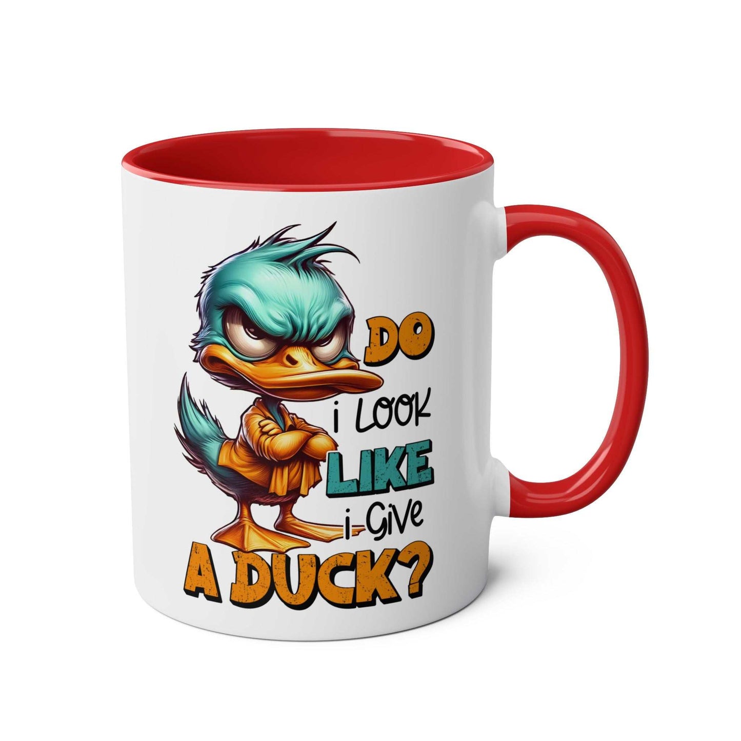 Give A Duck Coffee Mug with playful duck design and red handle.