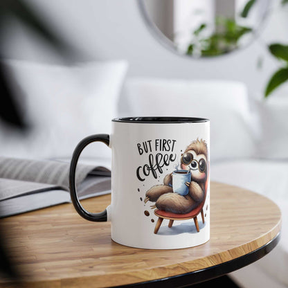 Cute sloth coffee mug with whimsical design, 11oz ceramic, microwave and dishwasher safe.