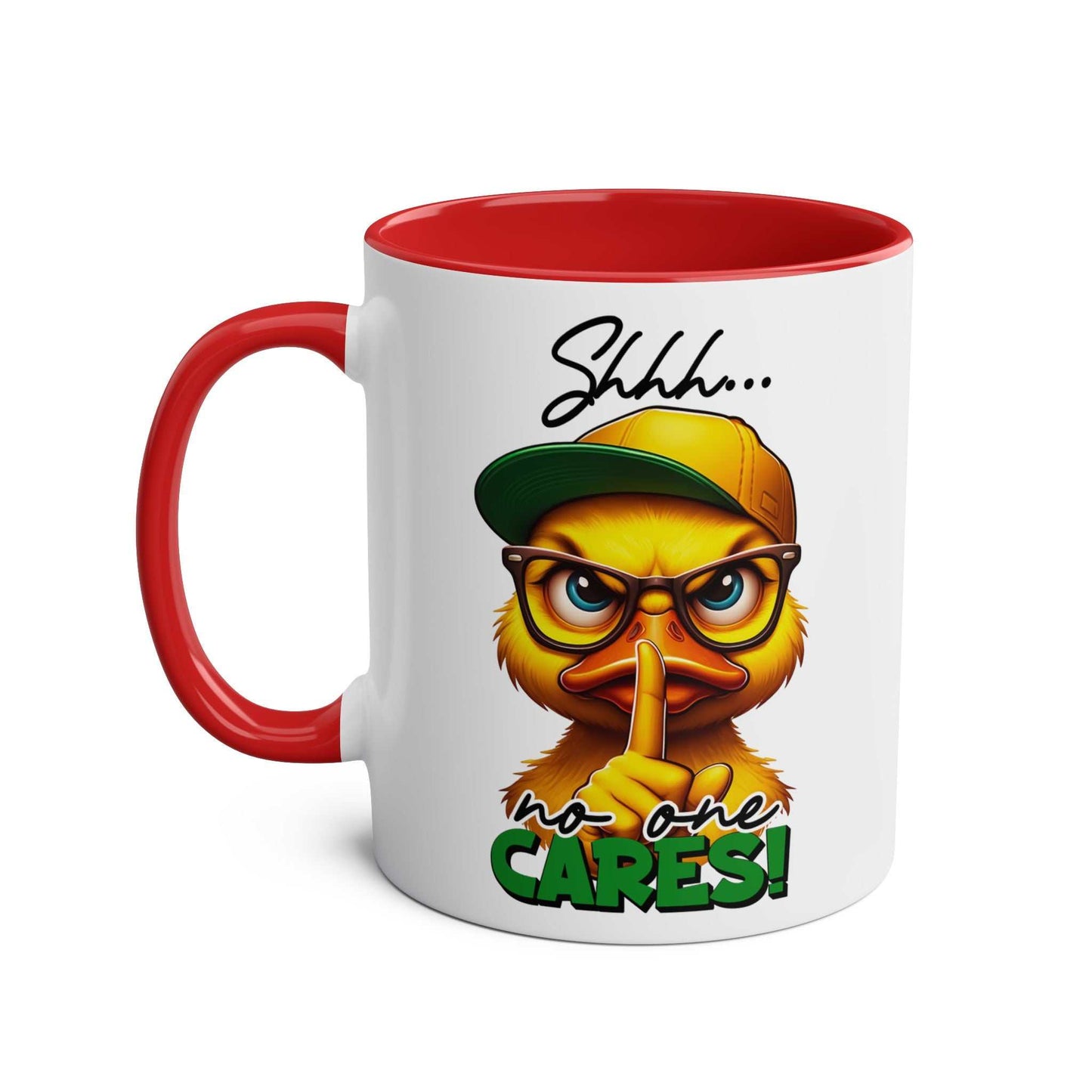 Sarky duck design No One Cares Coffee Mug with "shhh" message, red handle, ceramic, 11oz, glossy finish.