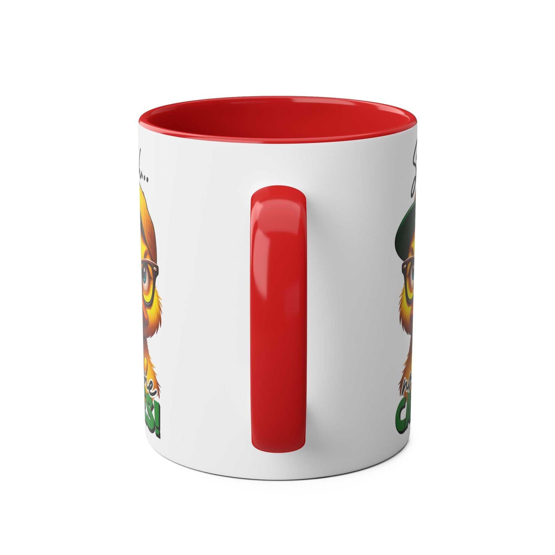 White and red No One Cares Coffee Mug with sarky duck design and "shhh" message.